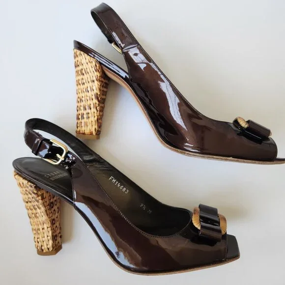 Stuart Weitzman Brown Patent Leather Slingback Heels Woven Block Heel Bows 9.5 M - Picture 2 of 15